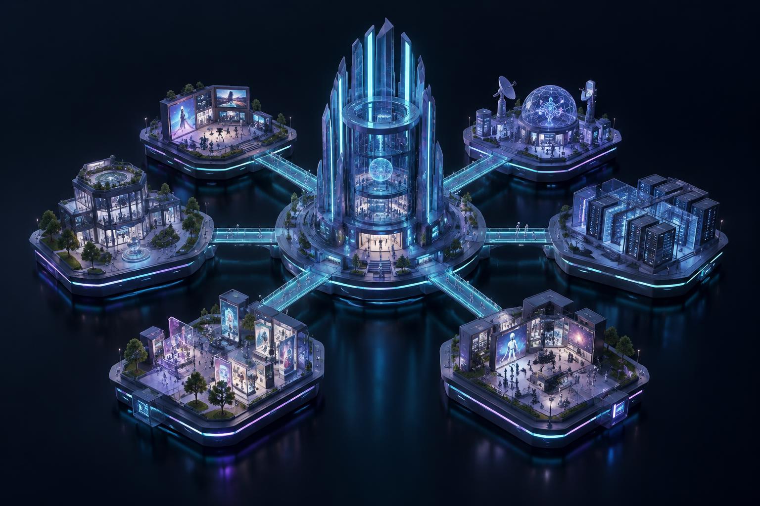 Cinematic concept illustration of an AI world with connected business districts and a central Master Agent tower.
